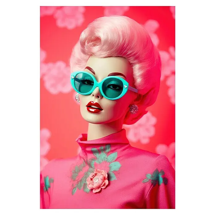 Papermoon Poster - Oh Barbie No. 1, B x H: 70 x 100 cm, Ohne Passepartout - Elegante Puppe mit türkisfarbener Sonnenbrille, rosa Haar und rosa Kleid mit Blumenmuster. Ein modisches und stilvolles Accessoire.