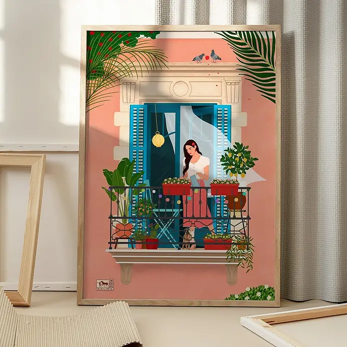 Papermoon Bild - Barcelona, B x H: 80 x 110 cm, Ohne Passepartout, Rahmen Eiche - Kunstvolles Bild einer Frau auf einem Balkon, umgeben von Pflanzen und Blumen in warmen Farbtönen.