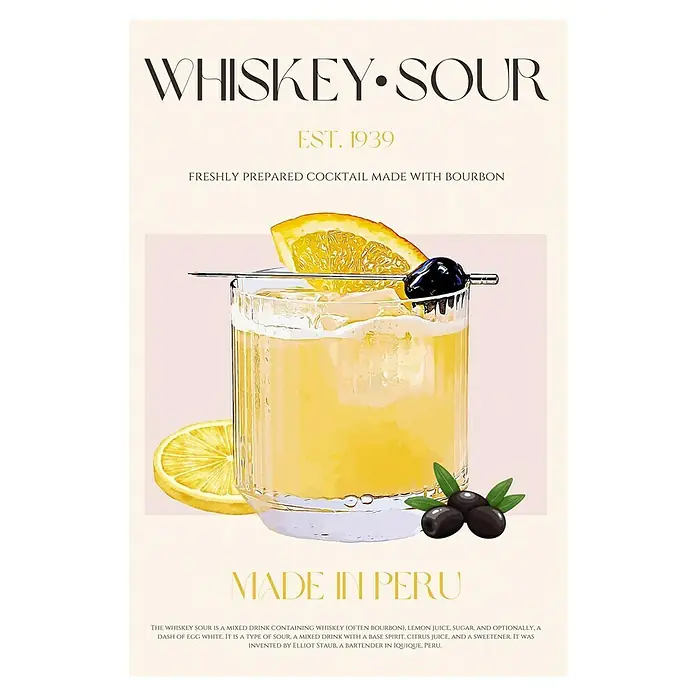 Papermoon Poster - Peru Whisky Bliss, B x H: 40 x 50 cm, Ohne Passepartout - Whiskey Sour Cocktail-Poster im Vintage-Stil.