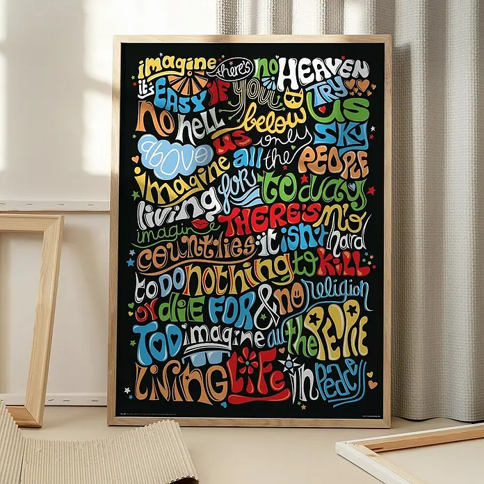 Papermoon Bild - Imagine, B x H: 40 x 50 cm, Ohne Passepartout, Rahmen Eiche - Gerahmtes Poster mit dem Zitat „Imagine“ von John Lennon, das Frieden und Einheit feiert, perfekt für ein inspirierendes Zuhause.