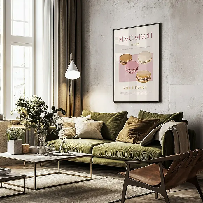 Papermoon Bild - French Macaron, B x H: 70 x 100 cm, Mit Passepartout, Rahmen Schwarz - Ein gerahmtes Macaron-Poster hängt über einem grünen Samtsofa in einem stilvollen Wohnzimmer, das eine elegante Note verleiht.