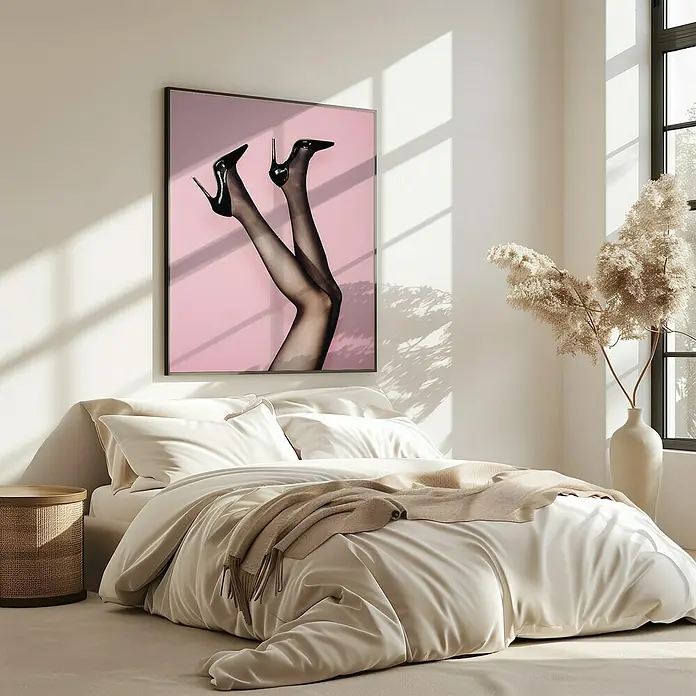 Papermoon Bild - Kick up your Heels, B x H: 70 x 100 cm, Mit Passepartout, Rahmen Eiche - Kunstdruck mit Beinen in Strümpfen und hochhackigen Schuhen über einem Bett mit Tagesdecke.