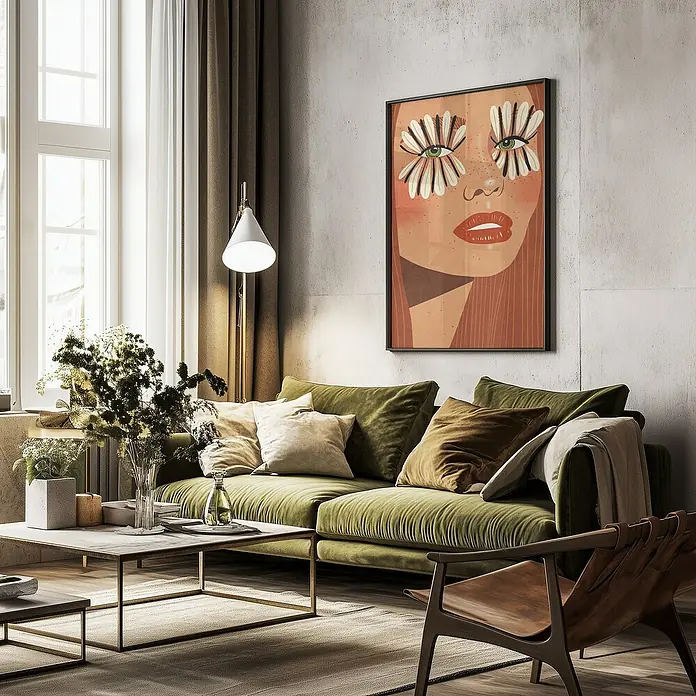 Papermoon Bild - Flower Eyes, B x H: 40 x 50 cm, Ohne Passepartout, Rahmen Schwarz - Ein Wohnzimmer mit einem grünen Samtsofa, goldenen Couchtisch und einem Kunstwerk mit einem floralen Frauengesicht an der Wand.