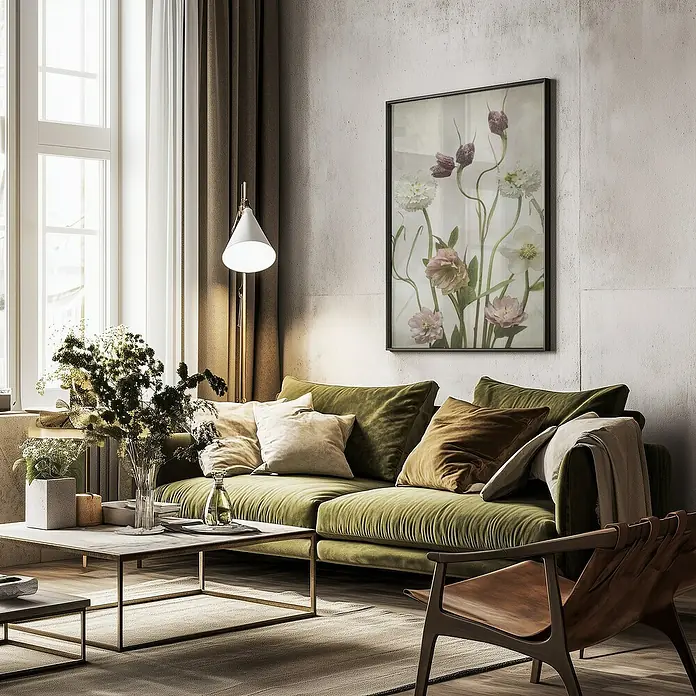 Papermoon Bild - Spring Garden, B x H: 80 x 110 cm, Ohne Passepartout, Rahmen Schwarz - Ein Wohnzimmer mit einem grünen Sofa, einem Couchtisch und einem Kunstwerk an der Wand. Die Einrichtung ist stilvoll und gemütlich.