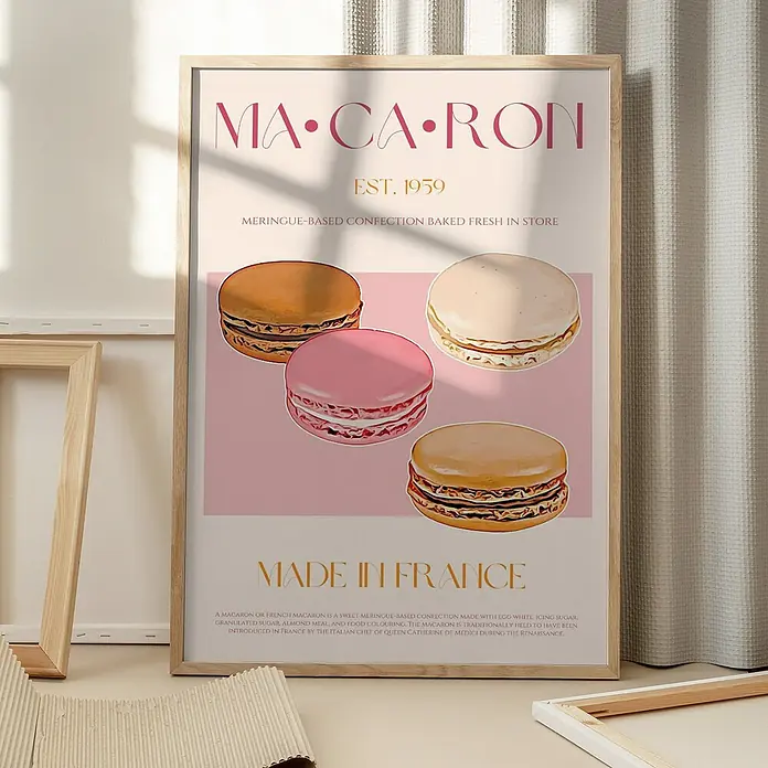 Papermoon Bild - French Macaron, B x H: 40 x 50 cm, Ohne Passepartout, Rahmen Eiche - Ein gerahmtes Poster mit der Aufschrift "Macaron" und einer Illustration von vier Makronen in verschiedenen Farben.