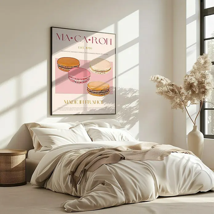 Papermoon Bild - French Macaron, B x H: 40 x 50 cm, Ohne Passepartout, Rahmen Eiche - Ein stilvolles Schlafzimmer mit einem großen Poster von "Macaron Made in France" über dem Bett, das eine ruhige und elegante Atmosphäre schafft.