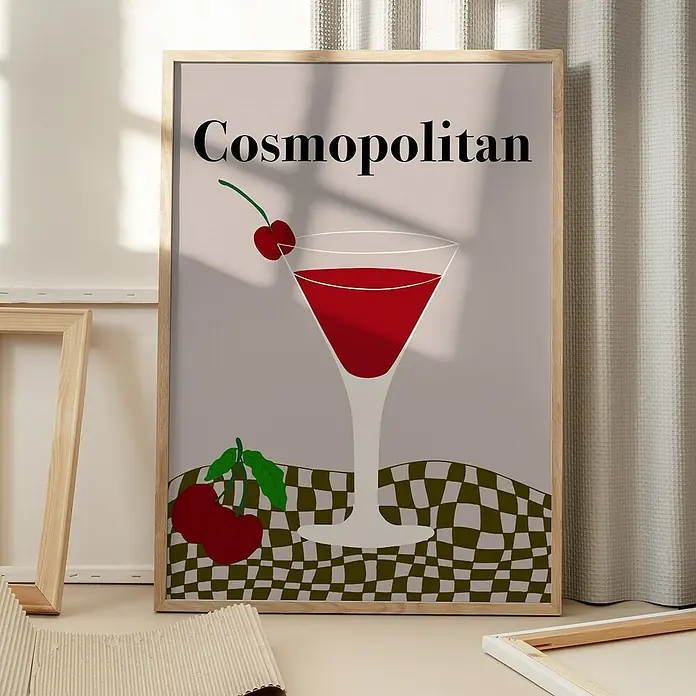 Papermoon Bild - Cosmopolitan, B x H: 70 x 100 cm, Mit Passepartout, Rahmen Eiche - Ein stilvolles Cosmopolitan-Cocktail-Poster mit Kirschdekoration, perfekt für die Bar oder als dekoratives Element.