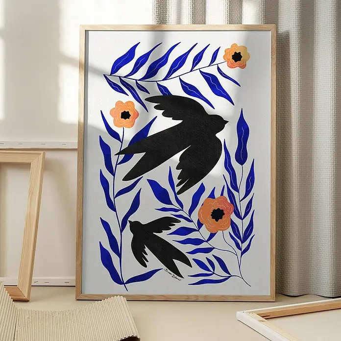 Papermoon Bild - Swallow Flowers, B x H: 70 x 100 cm, Ohne Passepartout, Rahmen Eiche - Kunstvolles Wandbild mit floralen Elementen und stilisierten Vogeldarstellungen, gerahmt für eine elegante Raumgestaltung.