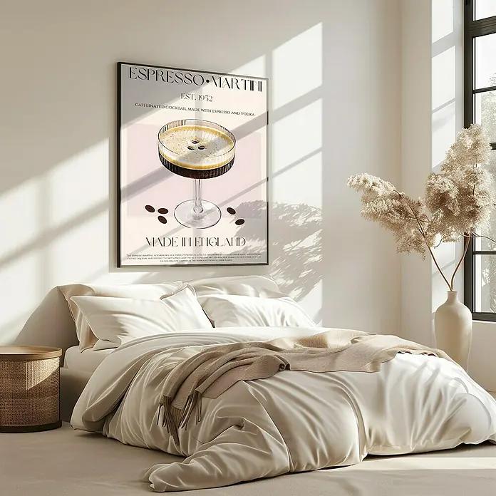 Papermoon Bild - Coffee Delighta, B x H: 70 x 100 cm, Ohne Passepartout, Rahmen Eiche - Stilvolles Espresso Martini-Poster im Rahmen, eine elegante Wanddekoration, die jedem Raum einen Hauch von Klasse verleiht.