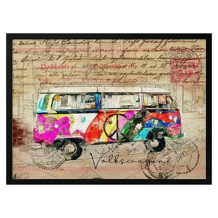 Papermoon Bild - VW Combi Art, B x H: 100 x 70 cm, Ohne Passepartout, Rahmen Schwarz - Farbenfroher Kunstdruck eines Volkswagen-Busses mit Peace-Zeichen auf strukturiertem Hintergrund, gerahmt für eine stilvolle Präsentation.