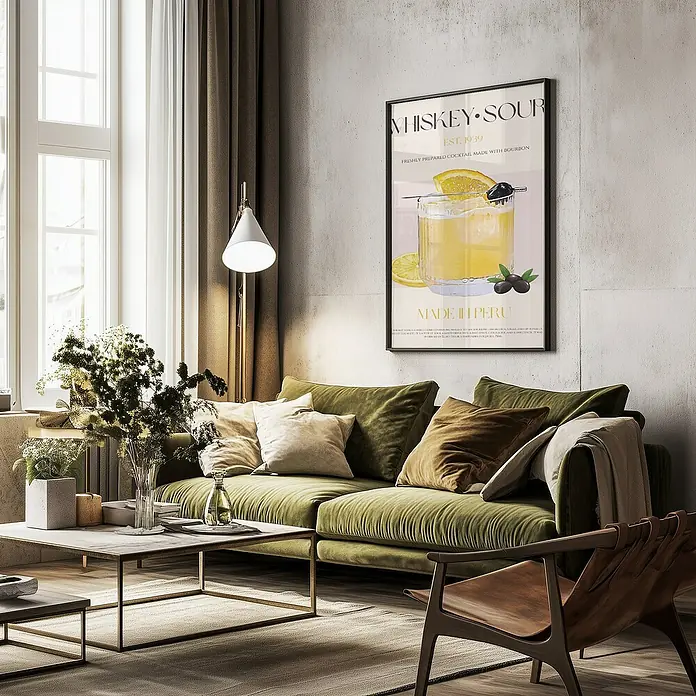 Papermoon Bild - Peru Whisky Bliss, B x H: 60 x 80 cm, Ohne Passepartout, Rahmen Schwarz - Dekoratives Whiskey Sour Poster, das stilvoll an einer Wand über einem grünen Sofa hängt. Ein echter Blickfang für Liebhaber edler Spirituosen.