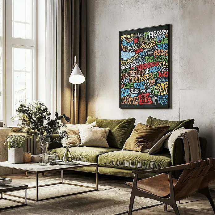 Papermoon Bild - Imagine, B x H: 50 x 70 cm, Mit Passepartout, Rahmen Schwarz - Ein stilvolles Wohnzimmer mit einem grünen Sofa, einem Couchtisch und einem an der Wand hängenden Kunstwerk.