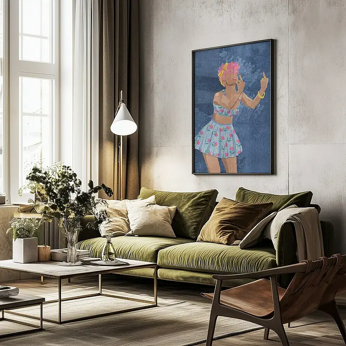 Papermoon Bild - Not your Girl, B x H: 40 x 50 cm, Mit Passepartout, Rahmen Schwarz - Ein stilvolles Wohnzimmer mit einem grünen Sofa, einem Couchtisch und einem auffälligen Kunstwerk an der Wand. Das Poster dominiert den Raum.