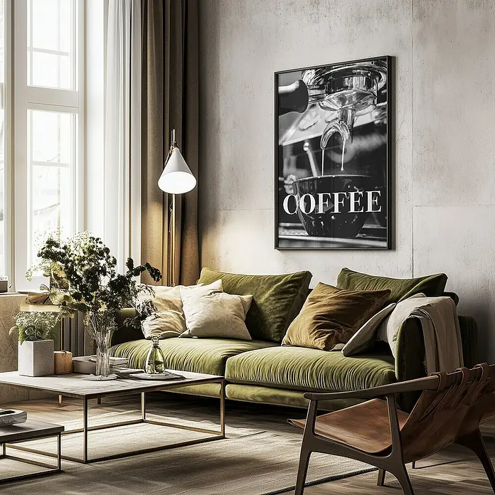 Papermoon Bild - Coffee Text, B x H: 60 x 80 cm, Ohne Passepartout, Rahmen Schwarz - Wohnzimmer mit grüner Couch, Holzsessel, Tisch und einem Schwarz-Weiß-Poster mit dem Aufdruck "Coffee" an der Wand.