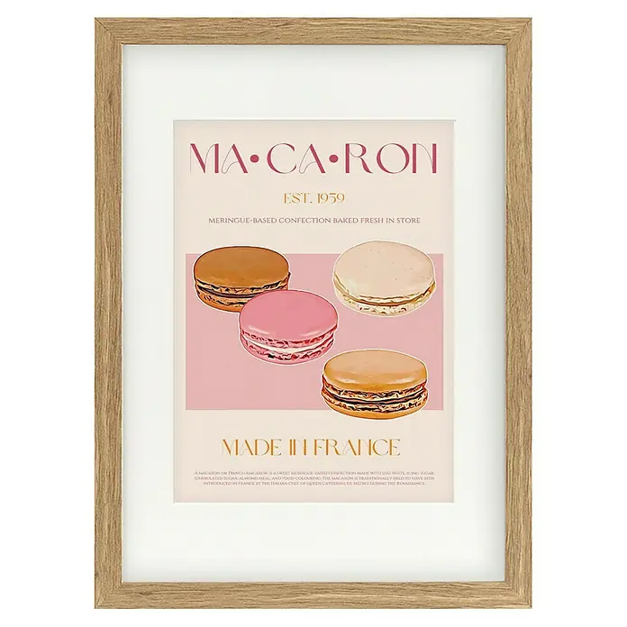 Papermoon Bild - French Macaron, B x H: 40 x 50 cm, Mit Passepartout, Rahmen Eiche - Ein gerahmtes Bild von einem Macaron-Poster.
