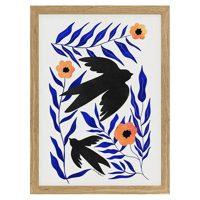Papermoon Bild - Swallow Flowers, B x H: 70 x 100 cm, Ohne Passepartout, Rahmen Eiche - Gerahmtes Vogel- und Blumenbild mit abstraktem Design in Blau, Orange und Schwarz. Ideal für moderne Wohnräume und Kunstliebhaber.