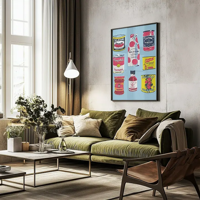 Papermoon Bild - Canned Tomatoes, B x H: 60 x 80 cm, Ohne Passepartout, Rahmen Schwarz - Ein stilvolles Wohnzimmer mit einem auffälligen Wandbild, das verschiedene Lebensmittelkonserven und -flaschen in leuchtenden Farben zeigt.