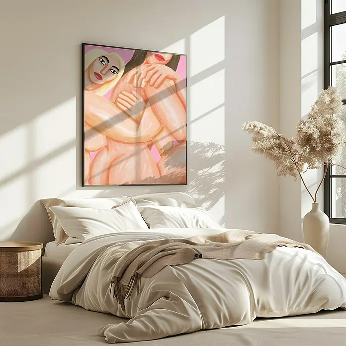 Papermoon Bild - Gatel, B x H: 80 x 110 cm, Mit Passepartout, Rahmen Eiche - Kunstvolles Aktgemälde über einem luxuriösen Bett, das eine ruhige und stilvolle Raumatmosphäre schafft.