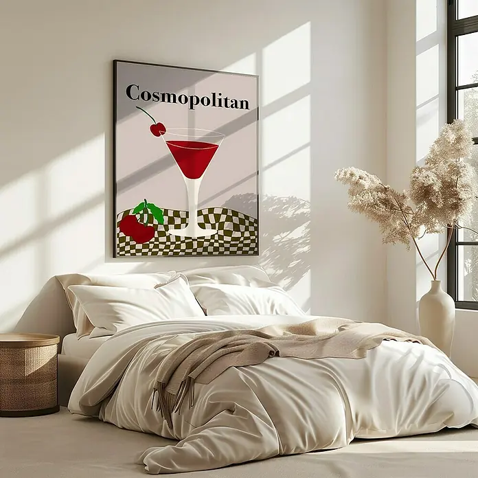 Papermoon Bild - Cosmopolitan, B x H: 70 x 100 cm, Mit Passepartout, Rahmen Eiche - Ein elegantes Schlafzimmer mit einem stilvollen "Cosmopolitan"-Poster über dem Bett, das dem Raum eine moderne Note verleiht.