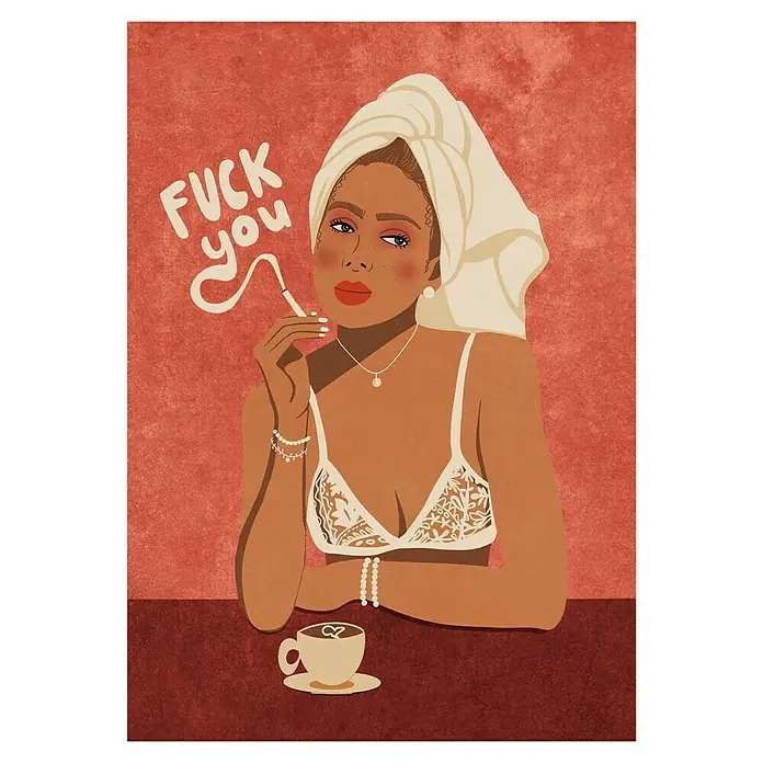 Papermoon Poster - Morning Coffee, B x H: 40 x 50 cm, Ohne Passepartout - Illustration einer Frau mit Handtuch, die raucht und Kaffee trinkt, mit dem Text "Fick dich" als Rauchwolke.