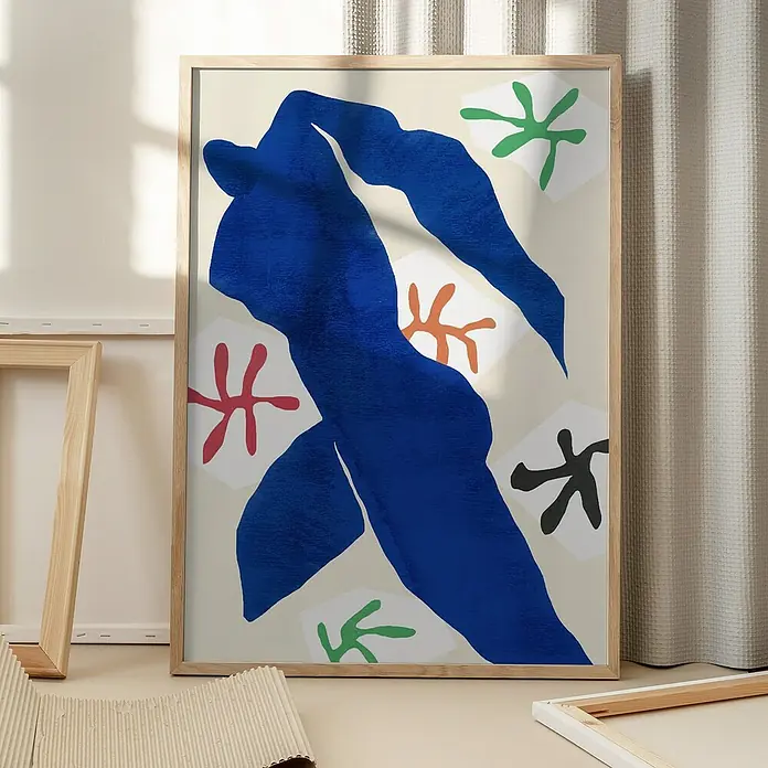 Papermoon Bild - Abstract Blue Figure, B x H: 60 x 80 cm, Mit Passepartout, Rahmen Eiche - Gerahmtes Kunstwerk mit einem blauen, abstrakten Motiv und farbigen Akzenten, das eine moderne und künstlerische Atmosphäre schafft.