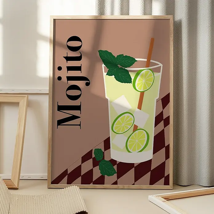 Papermoon Bild - Mojito, B x H: 50 x 70 cm, Ohne Passepartout, Rahmen Eiche - Ein stilvolles Poster mit einer Mojito-Illustration, ideal für Küche oder Bar, das eine erfrischende Atmosphäre schafft und die Wandgestaltung bereichert.