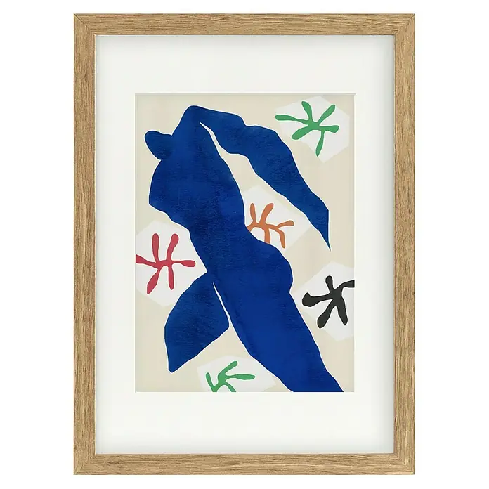 Papermoon Bild - Abstract Blue Figure, B x H: 60 x 80 cm, Mit Passepartout, Rahmen Eiche - Gerahmtes Matisse-inspiriertes Kunstwerk mit abstrakter blauer Figur und bunten Pflanzenmotiven auf beigem Grund.