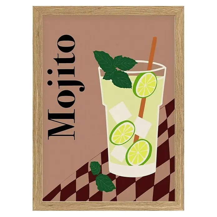 Papermoon Bild - Mojito, B x H: 50 x 70 cm, Ohne Passepartout, Rahmen Eiche - Elegantes Mojito-Wandbild im Rahmen. Perfekt für Bar, Küche oder Esszimmer. Stilvolles Design mit erfrischender Atmosphäre für Ihr Zuhause.