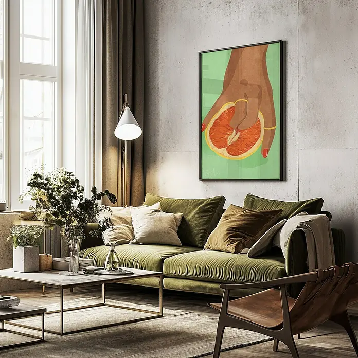 Papermoon Bild - Fruitlover, B x H: 100 x 140 cm, Mit Passepartout, Rahmen Schwarz - Ein Wohnzimmer mit einem grünen Sofa und einem Bild an der Wand, das eine Hand mit einer Grapefruit darstellt.
