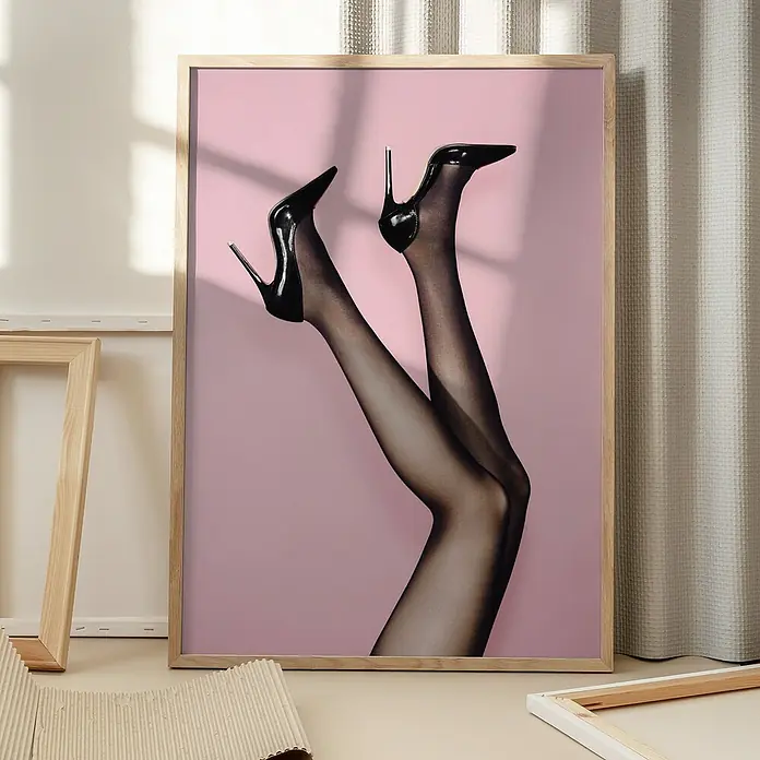 Papermoon Bild - Kick up your Heels, B x H: 70 x 100 cm, Mit Passepartout, Rahmen Eiche - Ein gerahmtes Poster mit dem Motiv von Beinen in schwarzen Strümpfen und hochhackigen Schuhen vor einem rosa Hintergrund.