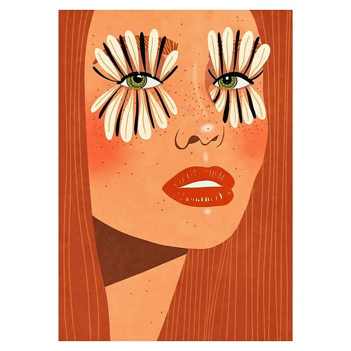 Papermoon Poster - Flower Eyes, B x H: 60 x 80 cm, Ohne Passepartout - Illustration einer Frau mit Blumen um ihre grünen Augen, roten Lippen und Sommersprossen, wodurch ein künstlerischer und auffälliger Effekt entsteht.