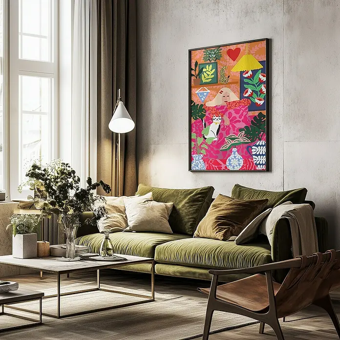 Papermoon Bild - Cat Lady, B x H: 40 x 50 cm, Mit Passepartout, Rahmen Schwarz - Ein stilvolles Wohnzimmer mit einem grünen Sofa, einem Couchtisch und einem farbenfrohen gerahmten Kunstdruck an der Wand.