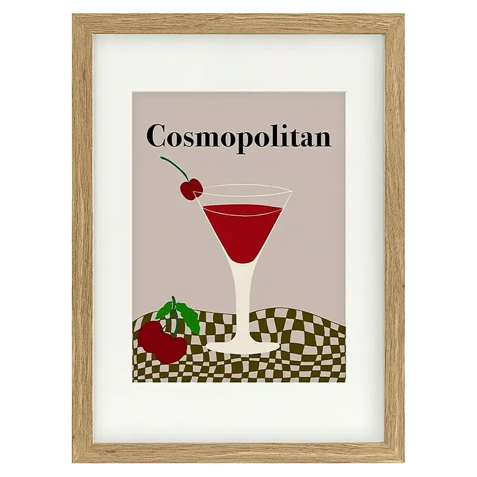 Papermoon Bild - Cosmopolitan, B x H: 70 x 100 cm, Mit Passepartout, Rahmen Eiche - Gerahmtes Bild mit einer Illustration eines Cosmopolitan Cocktails, inklusive Kirschen und kariertem Hintergrund, ein dekoratives Wandbild.