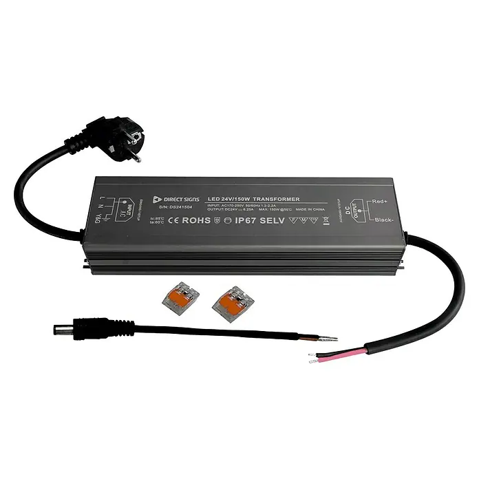 Direct Signs LED-Trafo - 150 W, 24 V, Grau - Ein LED 24V/150W Transformator von Direct Signs mit Kabeln, Stecker und Verbindungsklemmen.