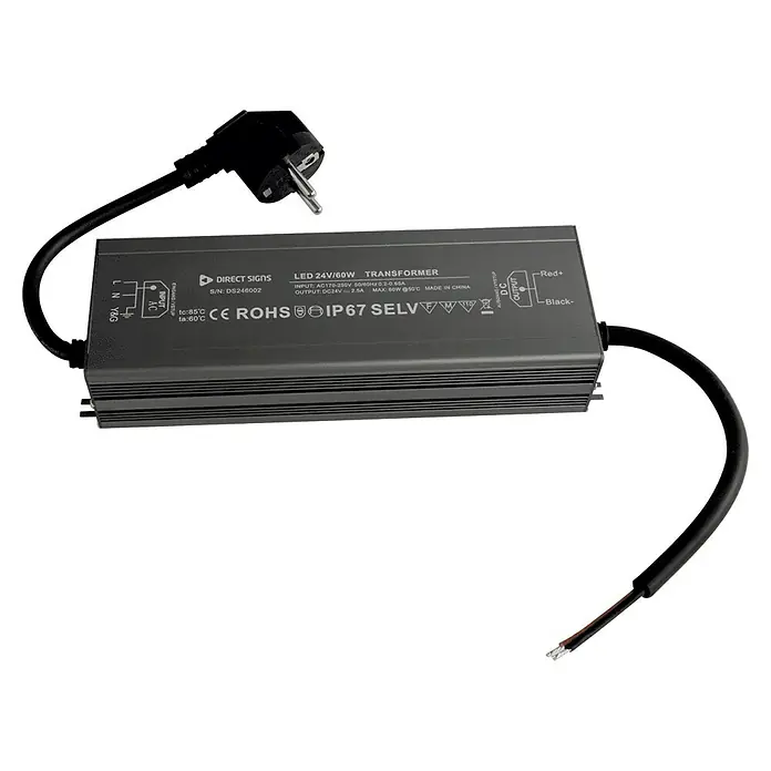 Direct Signs LED-Trafo - 60 W, 24 V, Grau - Ein LED 24V/60W Transformator von DIRECT SIGNS mit IP67-Schutz, ideal für LED-Beleuchtungssysteme im Innen- und Außenbereich.