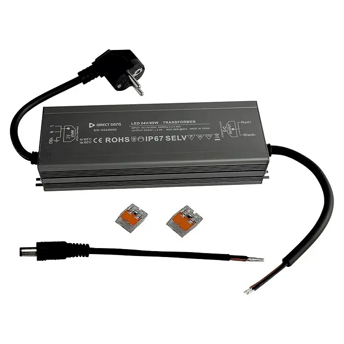 Direct Signs LED-Trafo - 60 W, 24 V, Grau - Abbildung eines LED-Transformators mit 24V/60W, komplett mit Anschlusskabeln und Steckverbindern für einfache Installation.
