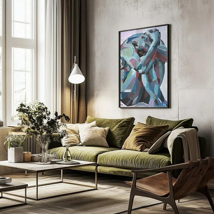 Papermoon Bild - Self Reflection, B x H: 40 x 50 cm, Mit Passepartout, Rahmen Schwarz - Stilvolles Wohnzimmer mit grünem Sofa, Couchtisch und einem abstrakten Gemälde einer sitzenden Person an der Wand. Die Einrichtung strahlt Gemütlichkeit aus.