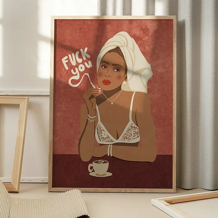Papermoon Bild - Morning Coffee, B x H: 100 x 140 cm, Ohne Passepartout, Rahmen Eiche - Gerahmtes Poster mit einer Frau mit Handtuch und Zigarette, die "Fuck You" ausatmet, für einen modernen und provokativen Akzent in jedem Raum.
