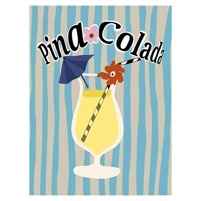 Papermoon Poster - Pina Colada, B x H: 80 x 110 cm, Ohne Passepartout - Grafik eines Piña Colada Cocktails mit Dekorationen, darunter ein Sonnenschirm, eine Blume und ein Strohhalm, vor gestreiftem Hintergrund.