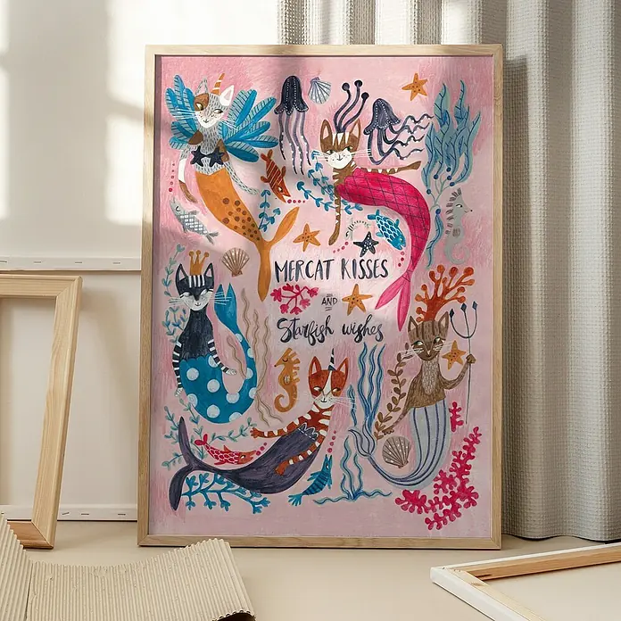 Papermoon Bild - Mercats and Caticorns, B x H: 50 x 70 cm, Mit Passepartout, Rahmen Eiche - Ein gerahmtes Wandbild mit Meerjungfrauen-Katzen in einem verspielten Design, perfekt für Kinderzimmer.