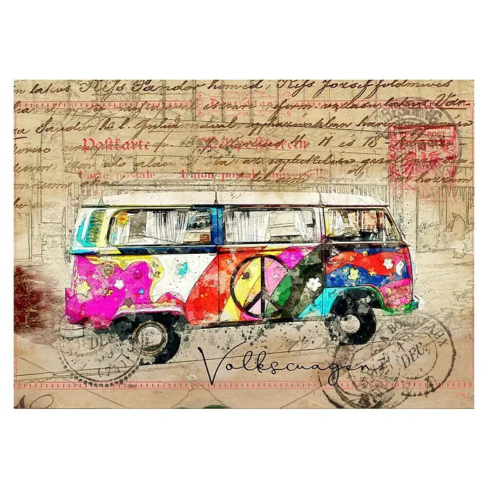 Papermoon Poster - VW Combi Art, B x H: 70 x 50 cm, Ohne Passepartout - Farbenfrohe VW-Bus-Illustration im Vintage-Stil. Ein ikonischer Hippie-Van mit Peace-Zeichen und Blumenmustern auf nostalgischem Hintergrund.