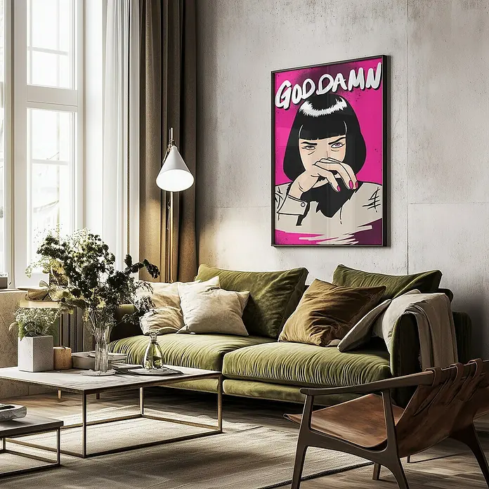 Papermoon Bild - Goodamn!, B x H: 40 x 50 cm, Ohne Passepartout, Rahmen Schwarz - Ein stilvolles Wohnzimmer mit einem grünen Sofa, Holzsessel und einem auffälligen "Goddamn" Pop-Art-Poster.