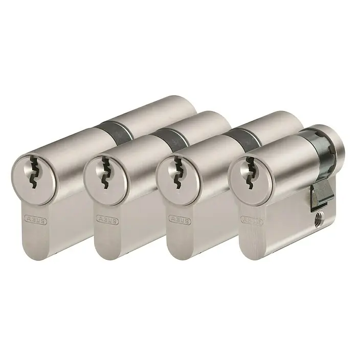 Abus Profilzylinder E20 - 4 Stück - 1 x Halbzylinder 10/30, 2 x Doppelzylinder 30/30, 1 x Doppelzylinder 40/45, Baulänge innen: 40 mm, Baulänge außen: 45 mm, Anzahl Schlüssel: 5 Stk. - Vier ABUS-Doppelzylinder-Schlösser in Silber, ideal für erhöhte Sicherheit und vielseitige Anwendungsmöglichkeiten im Alltag.