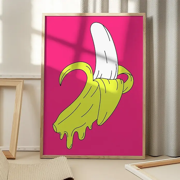 Papermoon Bild - Melting Pink Banana, B x H: 60 x 80 cm, Ohne Passepartout, Rahmen Eiche - Kunstvoller, gerahmter Kunstdruck mit einer coolen, geschälten Banane auf leuchtend pinkfarbenem Hintergrund, der jedem Raum einen modernen Touch verleiht.