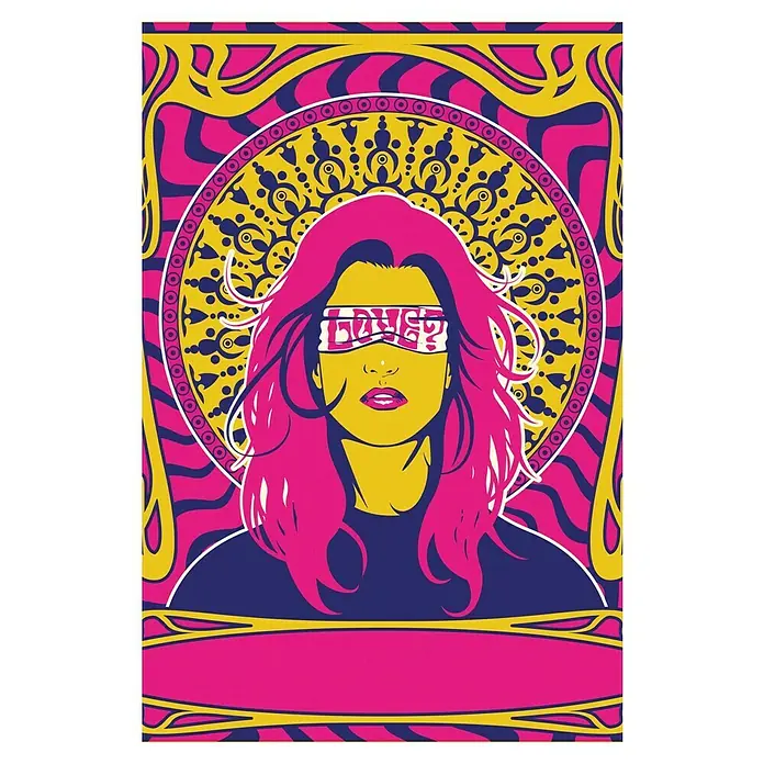 Papermoon Poster - Woman Series 1, B x H: 80 x 110 cm, Ohne Passepartout - Psychedelisches Poster mit Frau, die eine Augenbinde mit der Aufschrift "Liebe?" trägt, umgeben von leuchtenden Farben und Mustern im Stil der 1960er Jahre.