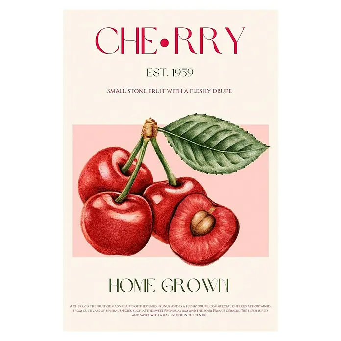 Papermoon Poster - Sweet Red Cherries, B x H: 100 x 140 cm, Ohne Passepartout - Illustration von Kirschen mit dem Text "CHERRY EST. 1959 HOME GROWN" auf beigem Hintergrund.