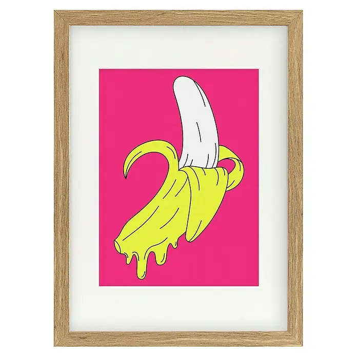 Papermoon Bild - Melting Pink Banana, B x H: 70 x 100 cm, Mit Passepartout, Rahmen Eiche - Gerahmtes Kunstwerk mit einer stilisierten, geschälten Banane auf pinkfarbenem Hintergrund, ein farbenfroher und moderner Hingucker.
