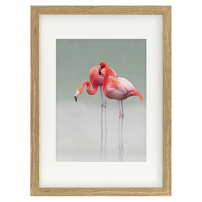Papermoon Bild - Just we Two, B x H: 70 x 100 cm, Mit Passepartout, Rahmen Eiche - Gerahmtes Bild von zwei eleganten rosa Flamingos, die im Wasser stehen, mit einem hellen Holzrahmen und weißem Passepartout.