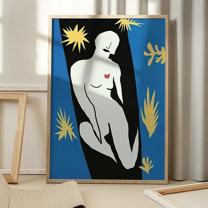 Papermoon Bild - Abstract Figure, B x H: 50 x 70 cm, Ohne Passepartout, Rahmen Eiche - Stilvolles Kunstdruck mit abstrakter Figur in Blau, Schwarz und Gelb. Perfekt für moderne Wanddekoration mit einem Hauch von Farbe.