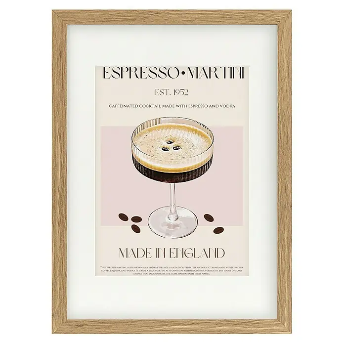 Papermoon Bild - Coffee Delighta, B x H: 80 x 110 cm, Mit Passepartout, Rahmen Eiche - Gerahmtes Espresso Martini Cocktail Poster mit modernem Design und dem Aufdruck "Made in England".